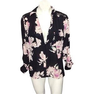 Candie's Black and Pink Floral Button Down Shirt